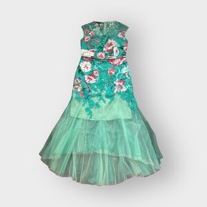 Susi Teal Pink Floral Lace Rhinestone Tulle Mesh High Low Dress - Bejeweled NWT
